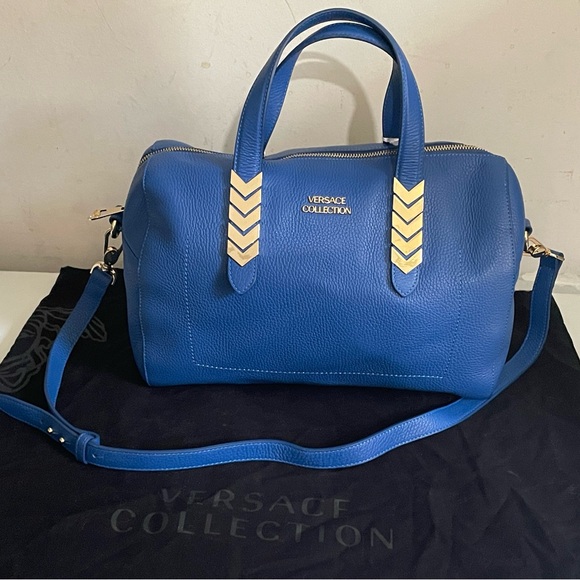 Versace Collection Vitello Blue Leather Satchel Shoulder Bag New - Picture 1 of 12